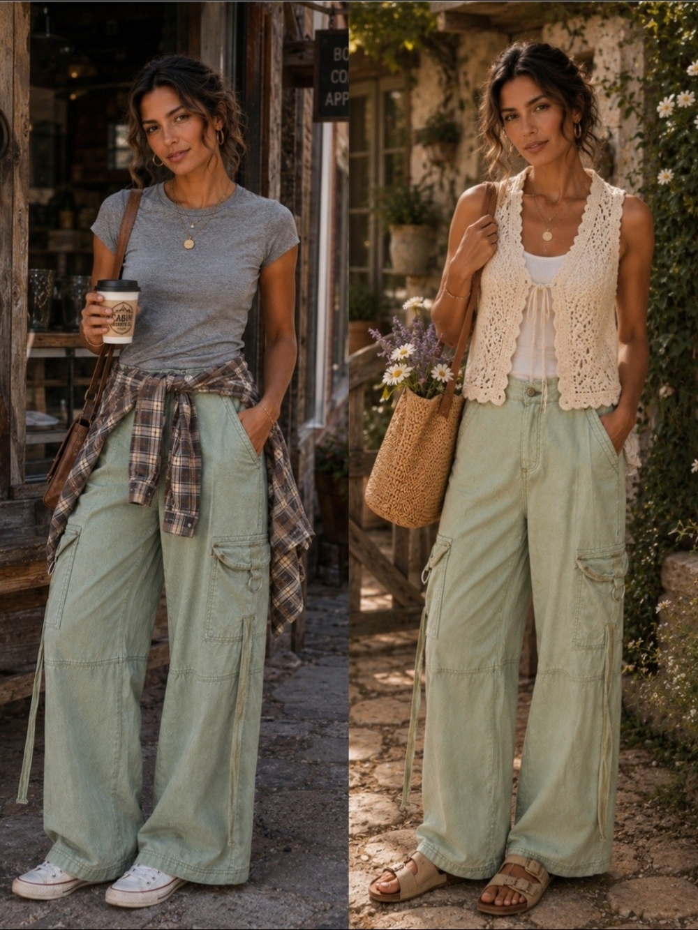 LOVE VEGAN Sage Green Wide Leg Cargo Pants Size 11/31 | Utility Boho Traveler - Picture 2 of 6